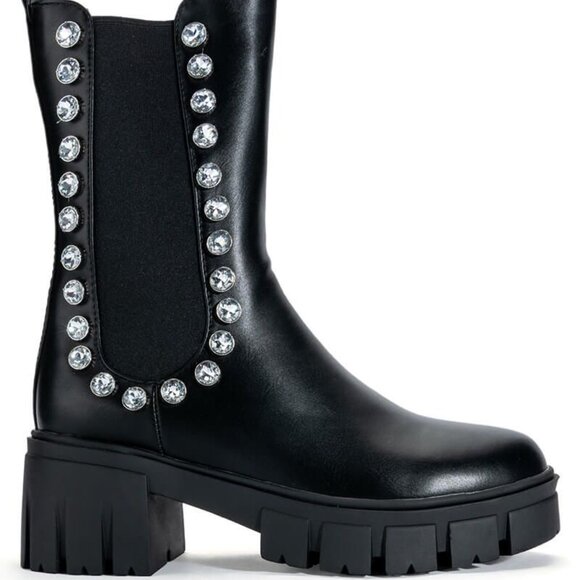Callie Lives Shoes - Miz Rhinestone Flat Platform Chelsea Black Pull On Boot 8.5